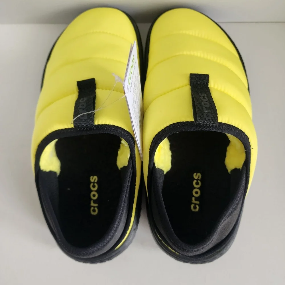 Crocs Classic Puff Moc K Kids Yellow Black Quilted Puffer Slippers J5 210589-77K